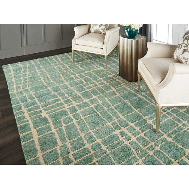 Turquoise Green Hand-Knotted Wool Abstract Area Rug 7'9" x 9'9"