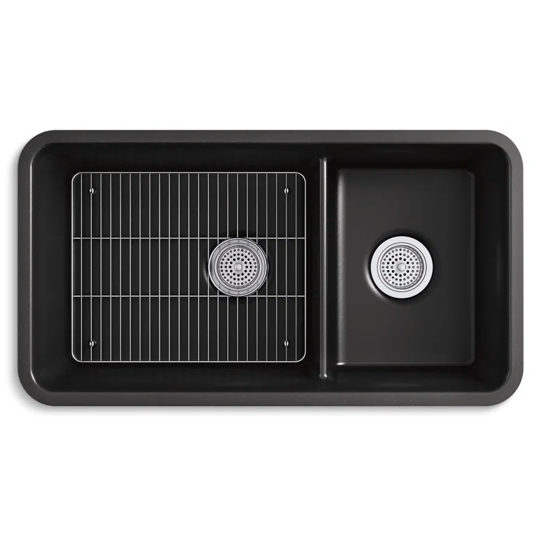 KOHLER K-8204-CM1 Cairn Sink, 33" Neoroc Composite Undermount Double-Bowl Kitchen Sink, Composite Kitchen Sink with Sink Rack, Matte Black
