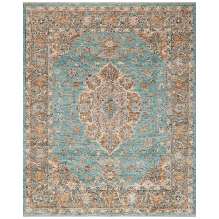Hand-Knotted Gold and Blue Wool Oriental 8' x 10' Area Rug