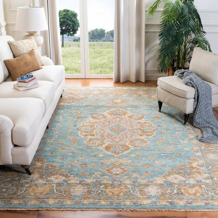 Hand-Knotted Gold and Blue Wool Oriental 8' x 10' Area Rug
