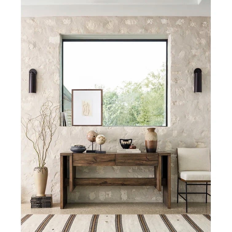 Rustic Fawn Double-Drawer Oak Veneer Console Table