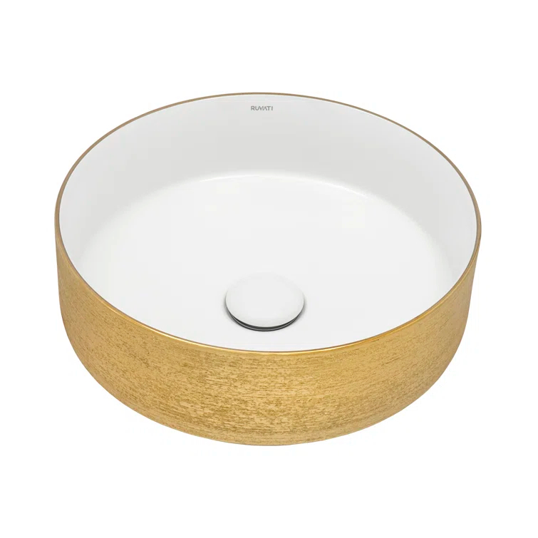 Ruvati 14 inch Bathroom Vessel Sink Round Gold Decorative Art Above Vanity Counter White Ceramic