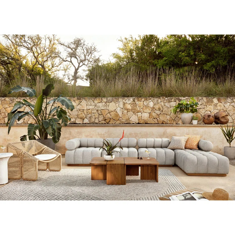 Gray Teak Wood Outdoor Sectional with Ottoman Set