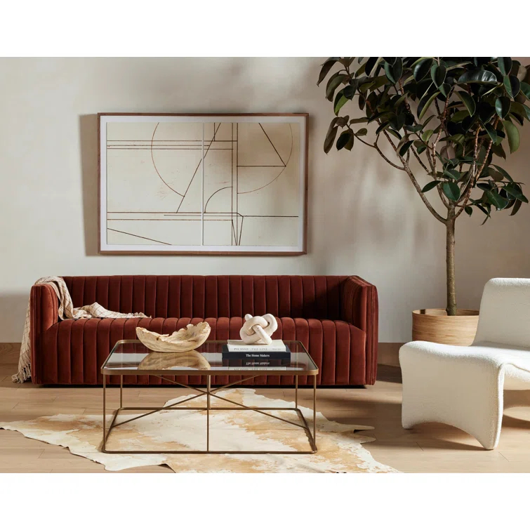 Taupe Channel Tufted Fabric Sofa with Track Arms