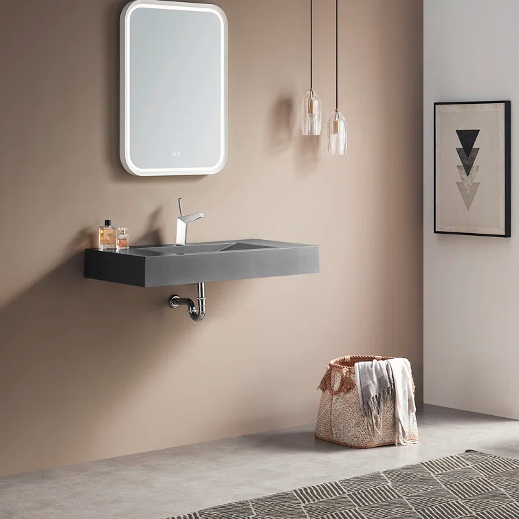 40 in. Wall-Mount or Countertop Bathroom Sink V-Shape Drain Solid Surface Material
