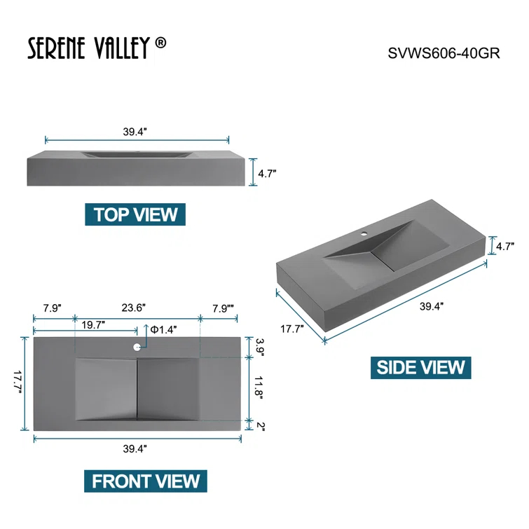 40 in. Wall-Mount or Countertop Bathroom Sink V-Shape Drain Solid Surface Material
