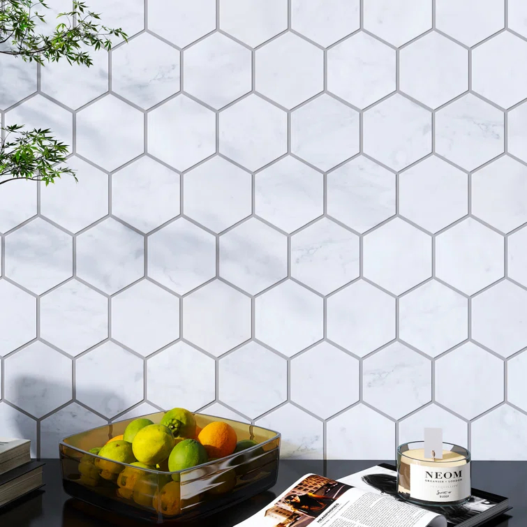 White Carrara 3" x 3" Natural Stone Honeycomb Marble Look Mosaic Wall Tile