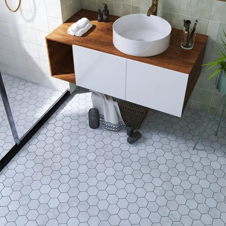 White Carrara 3" x 3" Natural Stone Honeycomb Marble Look Mosaic Wall Tile