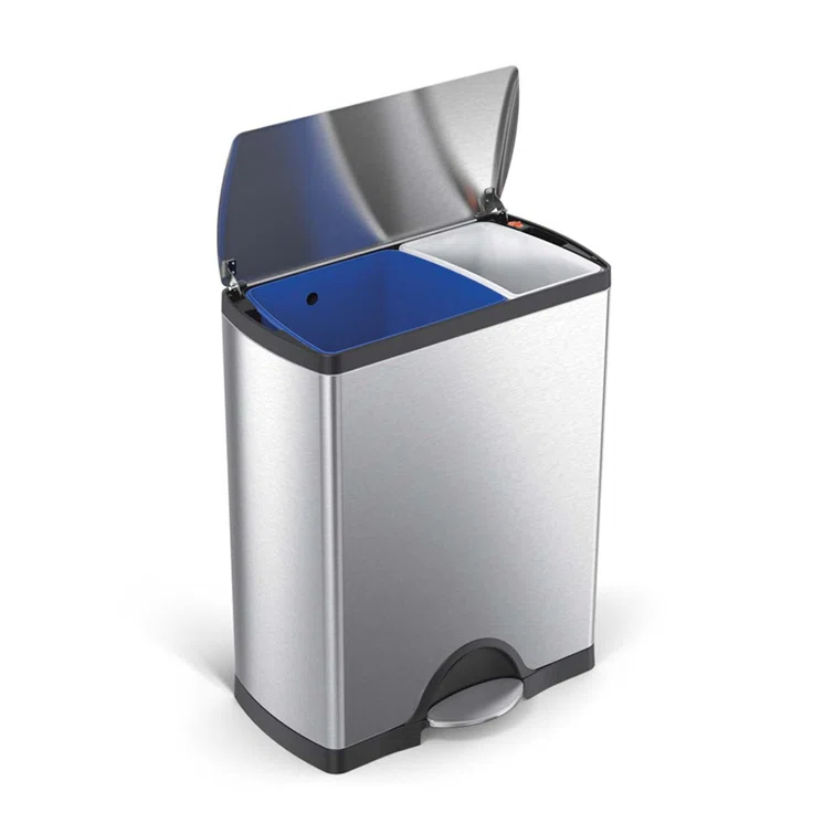 simplehuman Rectangular Dual Compartment Recycling Kitchen Step Trash Can, 46 Liter, Stainless Steel