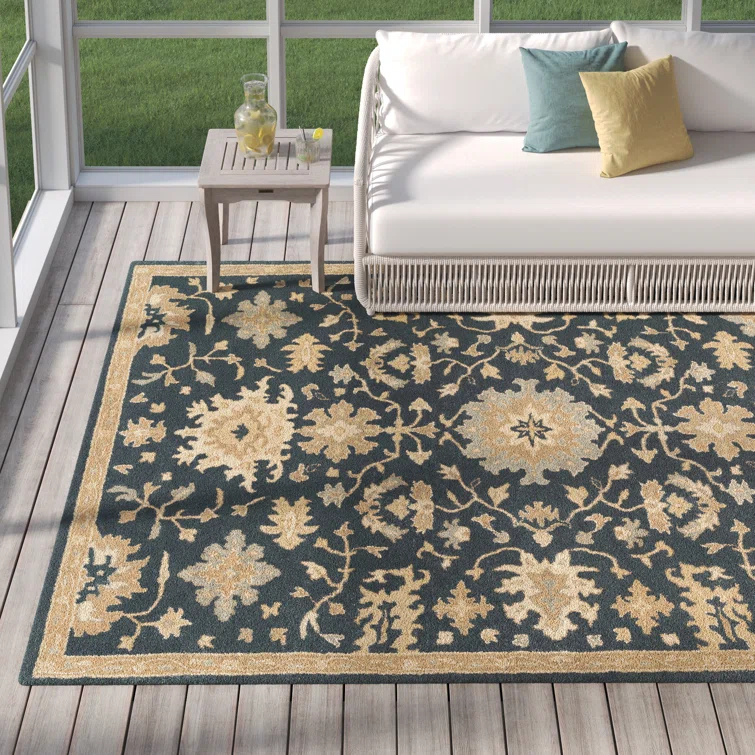 Arden Floral Handmade Tufted Wool Navy/Brown/Light Beige Area Rug