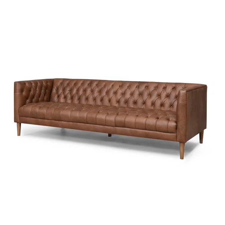 90" Brown Tufted Leather Stationary Sofa
