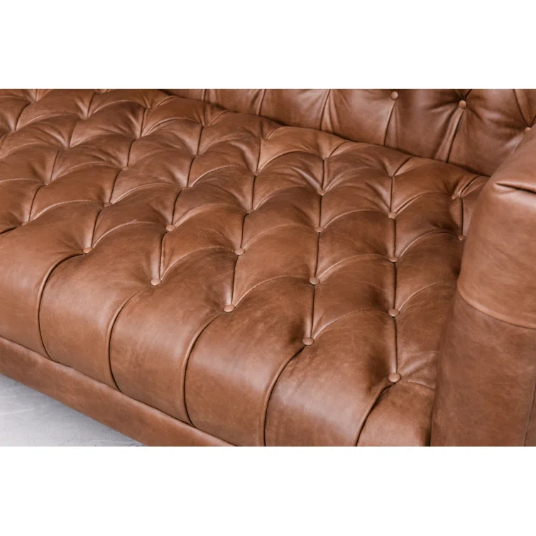 90" Brown Tufted Leather Stationary Sofa