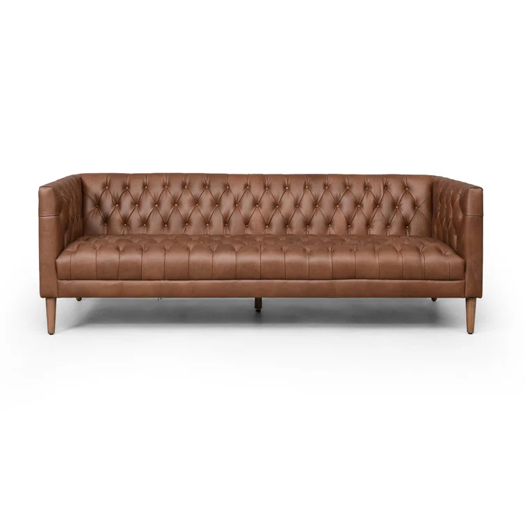 90" Brown Tufted Leather Stationary Sofa