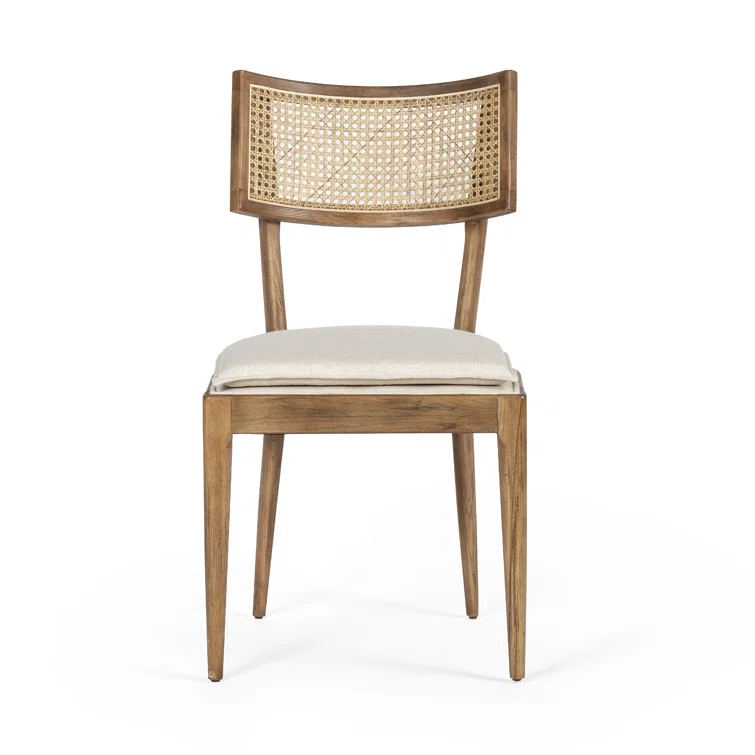 Elegant Linen and Cane Wood Dining Chair in Rich Brown