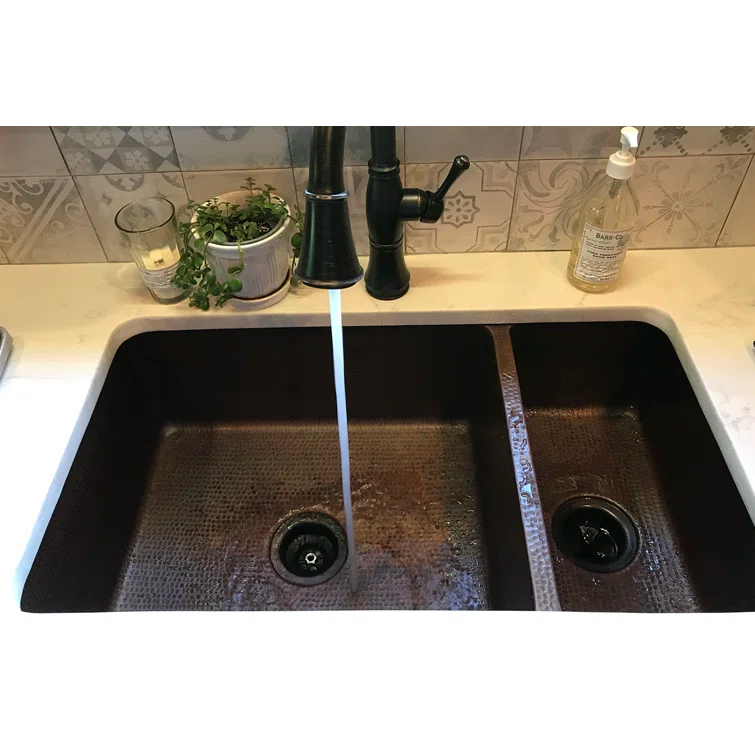 33" Hammered Copper Double Basin Drop-in Kitchen Sink
