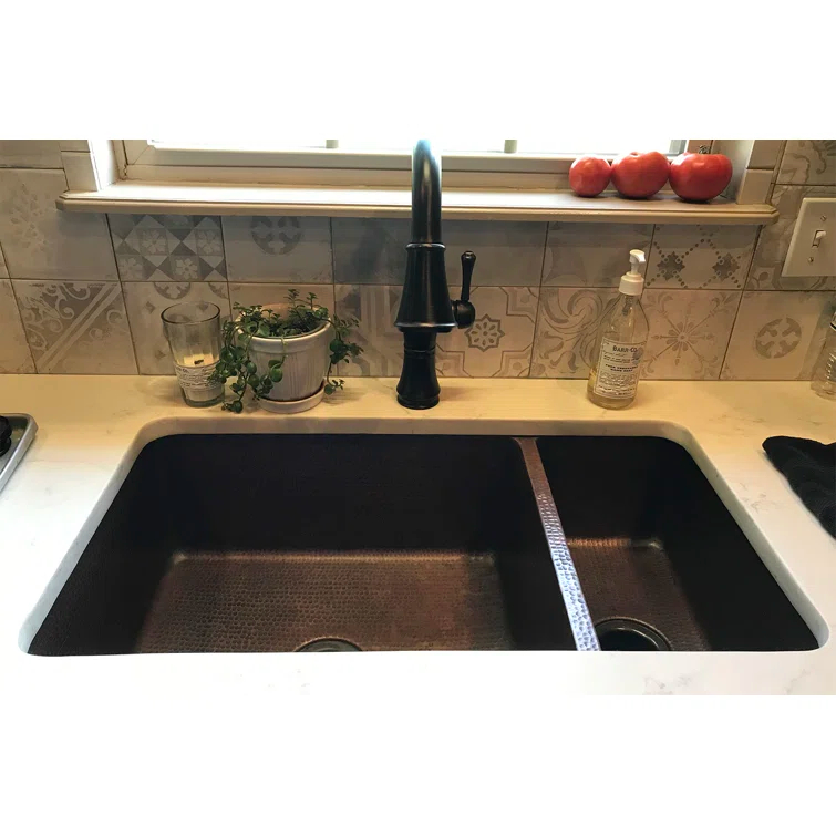 33" Hammered Copper Double Basin Drop-in Kitchen Sink
