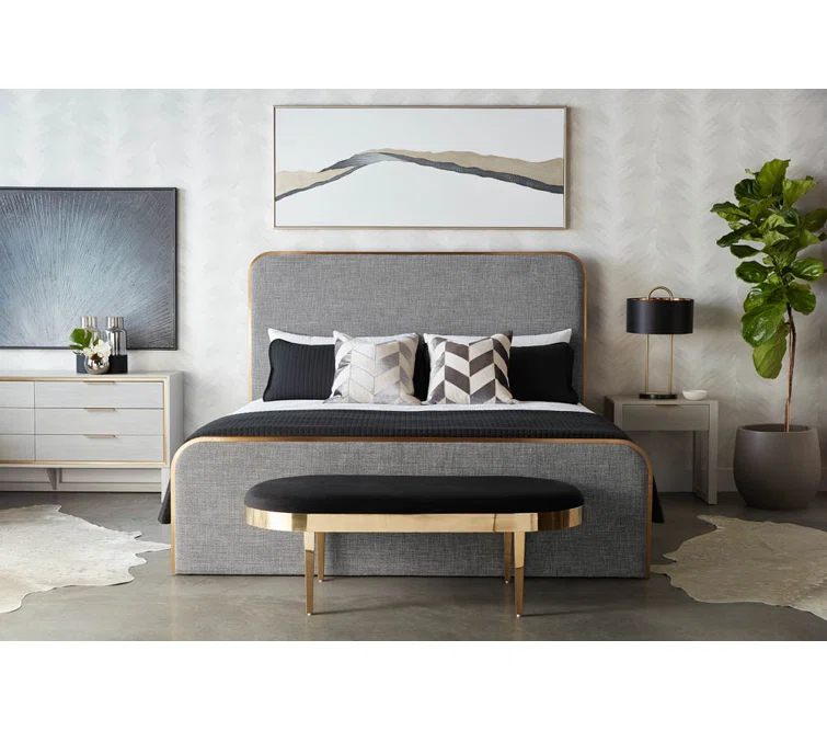 Sunpan Modern Black Sky Velvet 54'' Oval Bench with Brushed Gold Frame