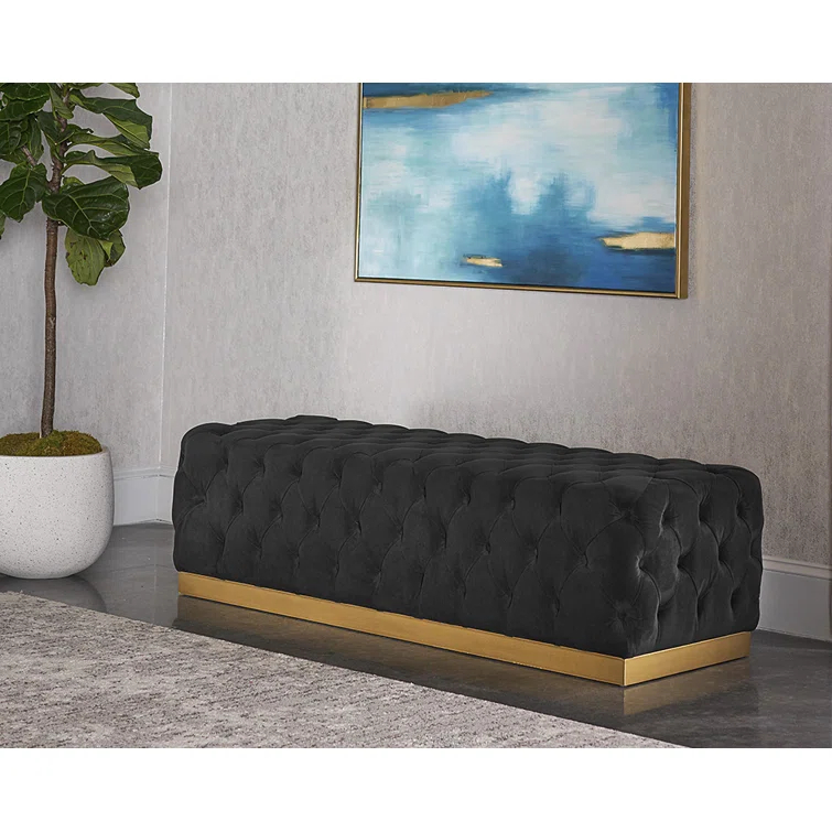 Babette 61'' Black Upholstered Bench with Burnished Brass Base