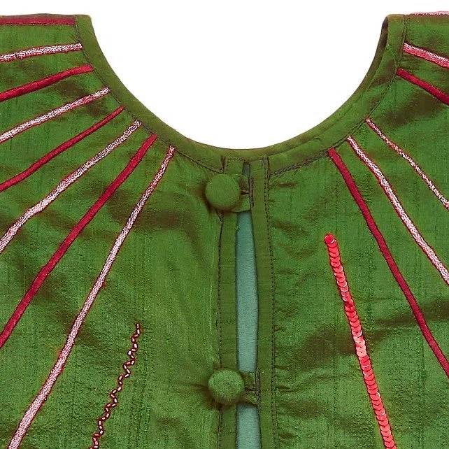 Hand Beaded Green Silk Christmas Tree Skirt with Red Velvet Trim - 60"