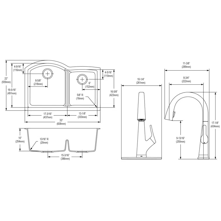 33" x 22" x 10" Double Basin Undermount Kitchen Sink with Faucet