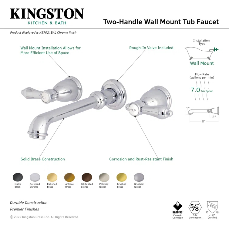 Kingston Brass Heirloom Two-Handle 3-Hole Wall Mount Roman Tub Faucet