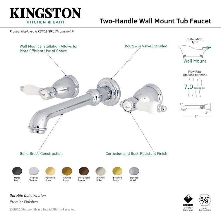 Kingston Brass Bel-Air Two-Handle 3-Hole Wall Mount Roman Tub Faucet