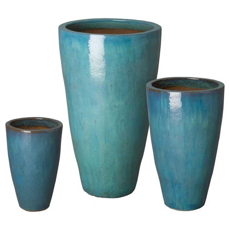 Tall 24 in. D x 40 in. H Teal Ceramic Round Planter with Drainage Hole