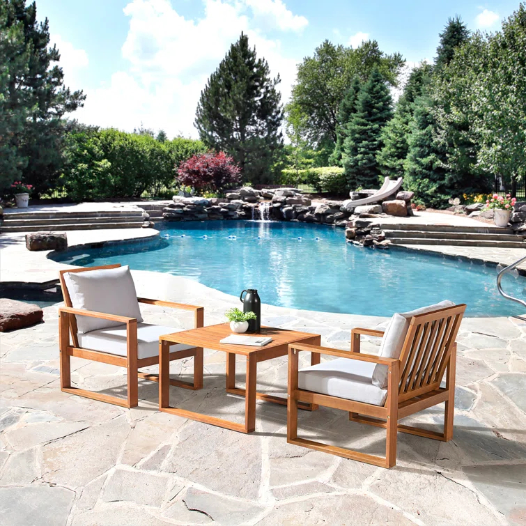 Weston 3Pc Outdoor Set Solid Eucalyptus Wood, 2 Chairs with Cushions and 1 Cocktail Table