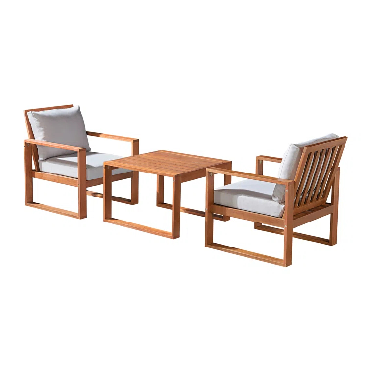 Weston 3Pc Outdoor Set Solid Eucalyptus Wood, 2 Chairs with Cushions and 1 Cocktail Table
