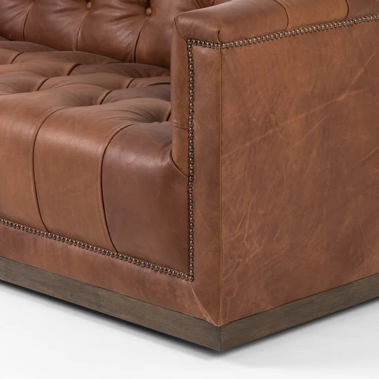 Warm Brown Tufted Leather Sofa with Nailhead Trim