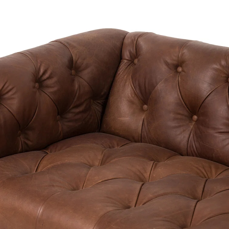 Warm Brown Tufted Leather Sofa with Nailhead Trim