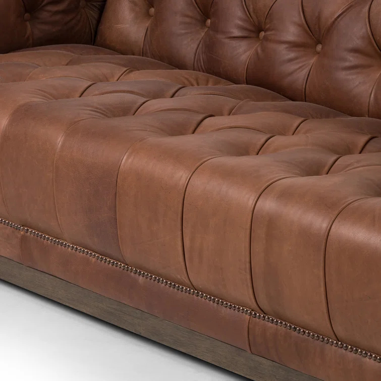 Warm Brown Tufted Leather Sofa with Nailhead Trim