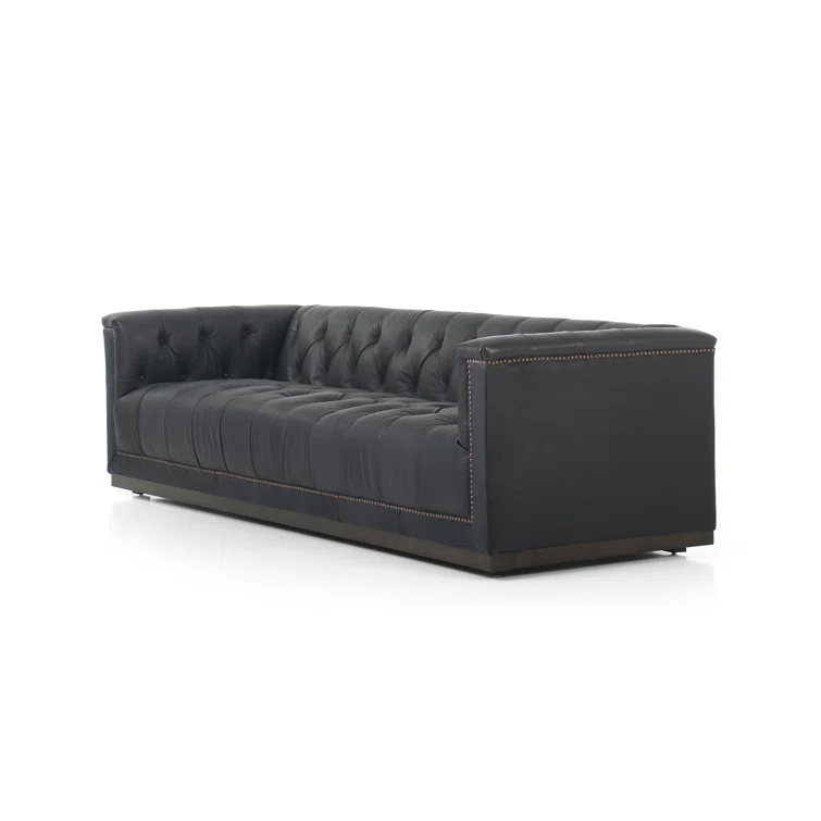 Heirloom Black Tufted Leather Sofa with Nailhead Trim