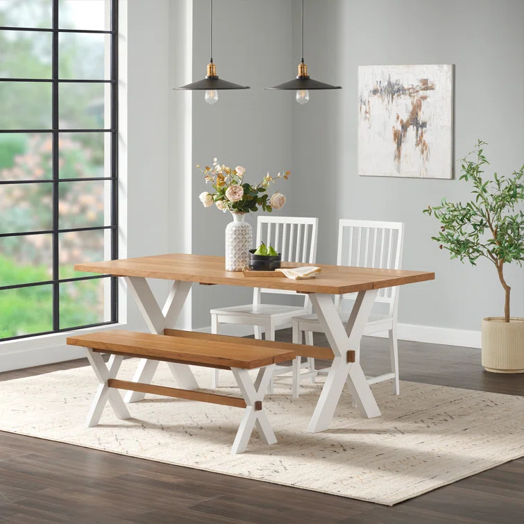 Chelsea 72" Wide Farmhouse Style Table Crossed Legs Rectangular Dining Table,1 Bench And 2 Chairs