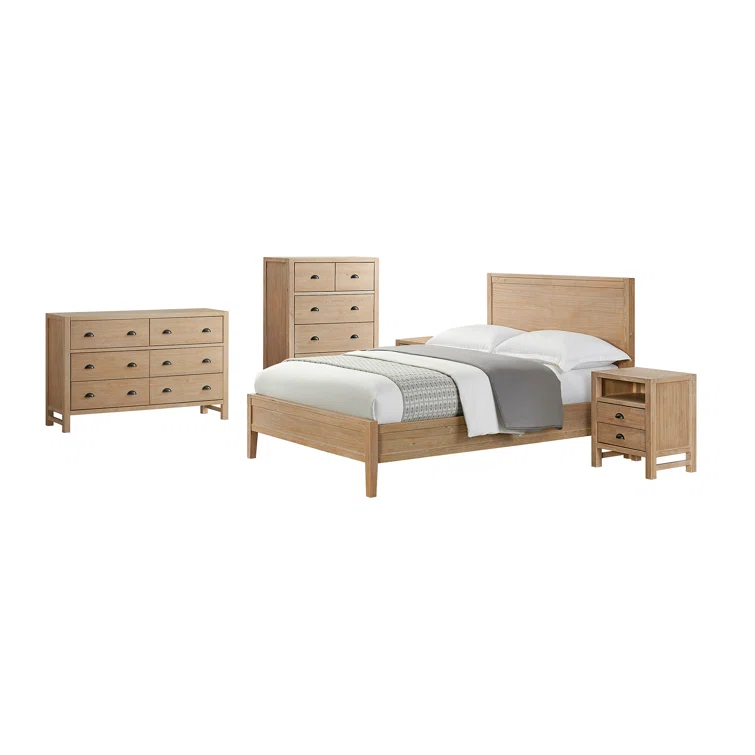 Arden 5-Piece Bedroom Set - Queen Bed, Two 2-Drawer Nightstands, 5-Drawer Chest, 6-Drawer Double Dresser, Solid Pine Wood, Light Driftwood Finish, Modern Rustic Style