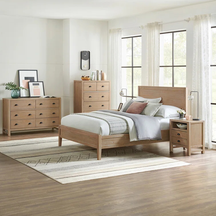 Arden 5-Piece Bedroom Set - Queen Bed, Two 2-Drawer Nightstands, 5-Drawer Chest, 6-Drawer Double Dresser, Solid Pine Wood, Light Driftwood Finish, Modern Rustic Style