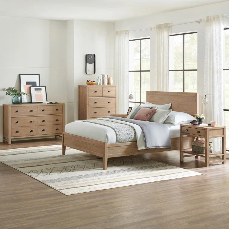 Arden 5-Piece King Bedroom Furniture Set w/ King-Sized Bed, 2x 2-Drawer Nightstands, 5-Drawer Chest & 6-Drawer Double Dresser, Solid Wood Set, Metal Bar Handles & Elegant Light Driftwood Finish