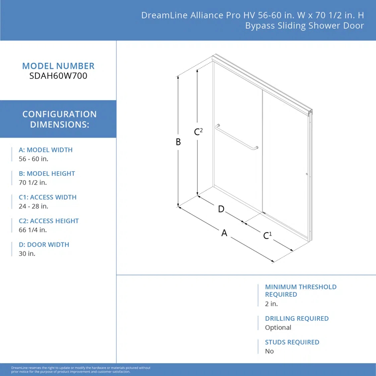 DreamLine Alliance Pro HV 56-60 in. W x 70 1/2 in. H Semi-Frameless Sliding Shower Door