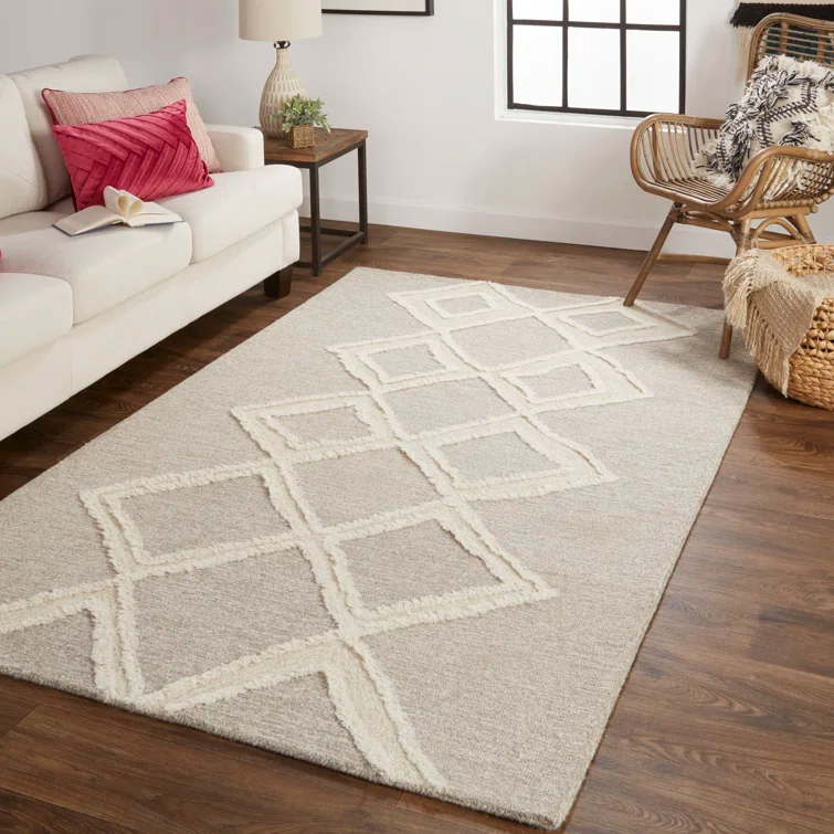 Ivory and Brown Geometric Wool Handmade Area Rug