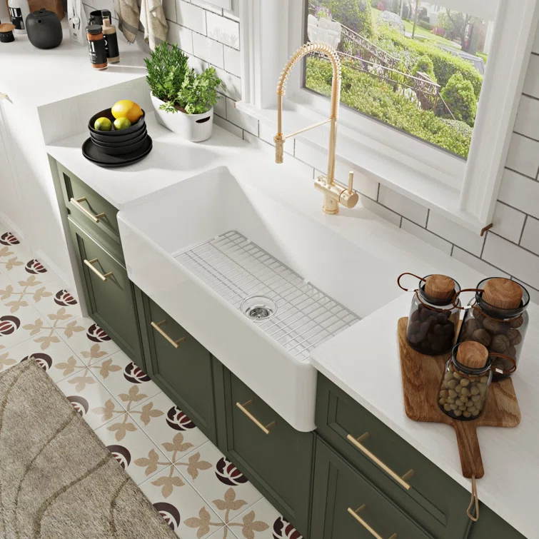 Grove 33" L X 18" W Rectangular Single Bowl Fireclay Farmhouse Kitchen Sink with Grid and Strainer