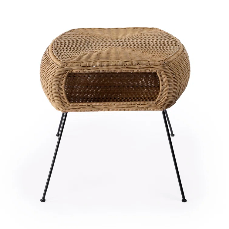 Natural Rattan and Black Iron Round End Table