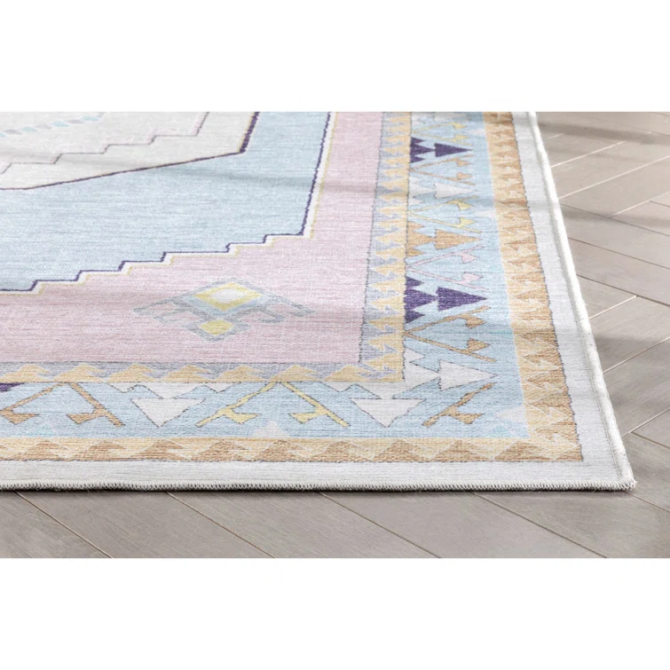 Apollo Well Woven Kids Rugs Ethnic Soft Medallion Modern Pink Light Blue Area Rug