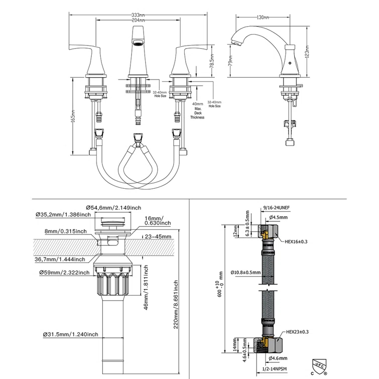 Widespread 2-handle Bathroom Faucet with Drain Assembly