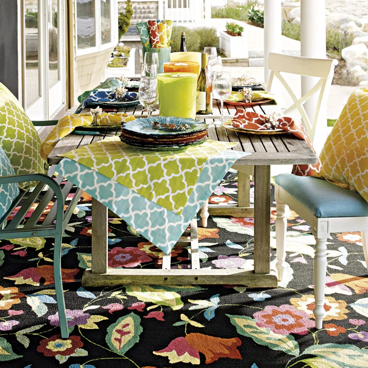 Samantha Floral Hand Hooked Black/Orange/Pink Area Rug