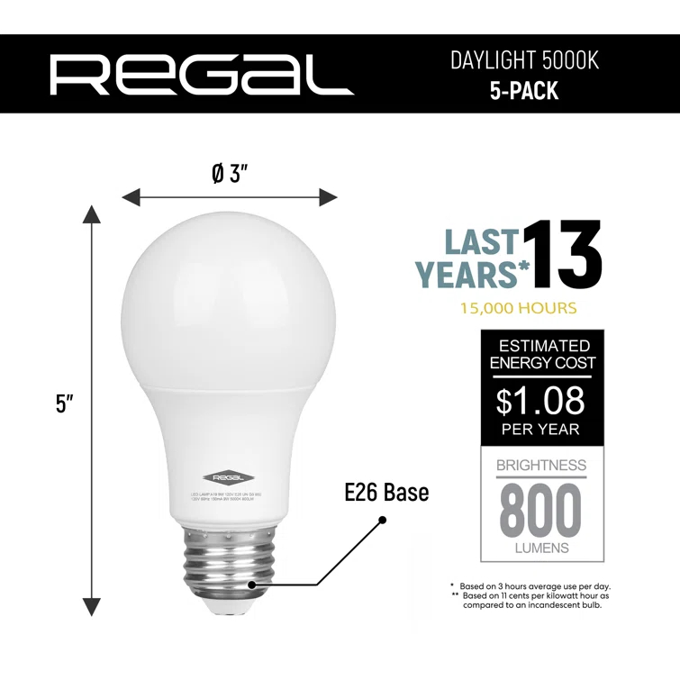 60 Watt Equivalent A19 E26/Medium (Standard) 5000K LED Bulb