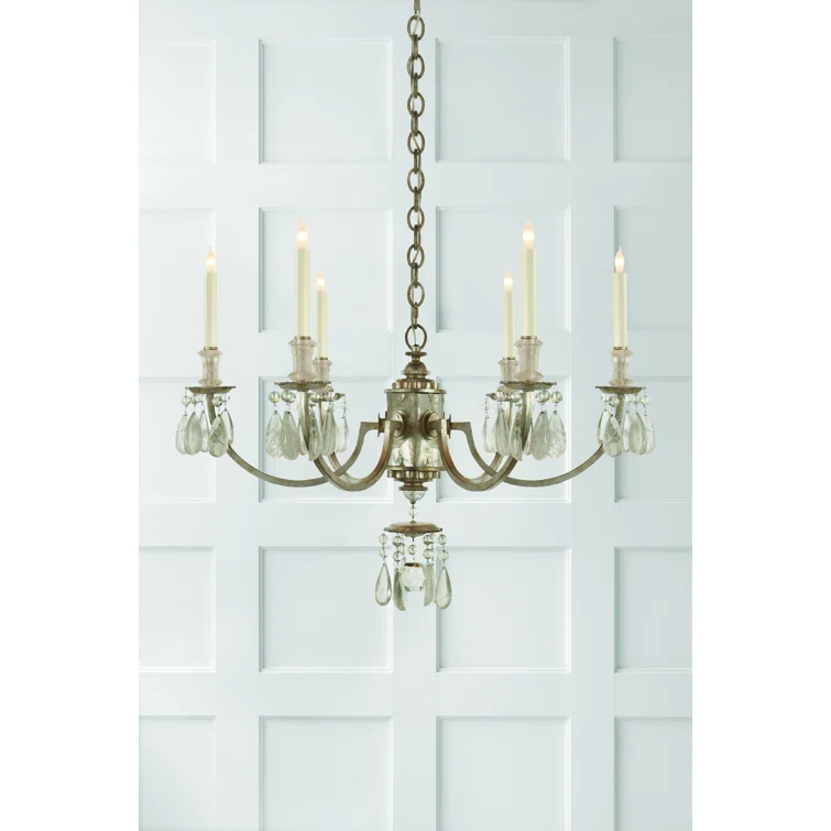 Burnished Silver Leaf Crystal Candle 6-Light Chandelier