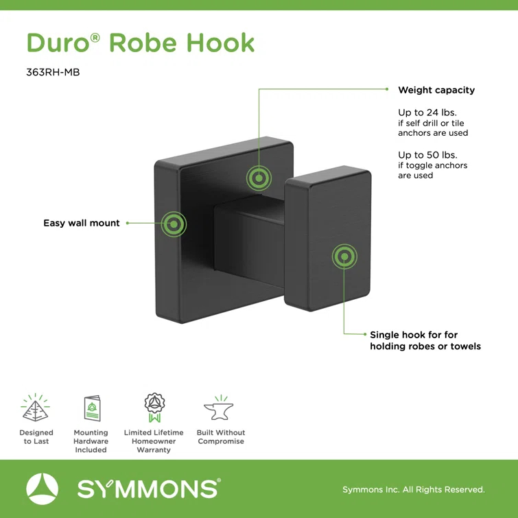 Duro Wall Mounted Robe Hook with Installation Hardware
