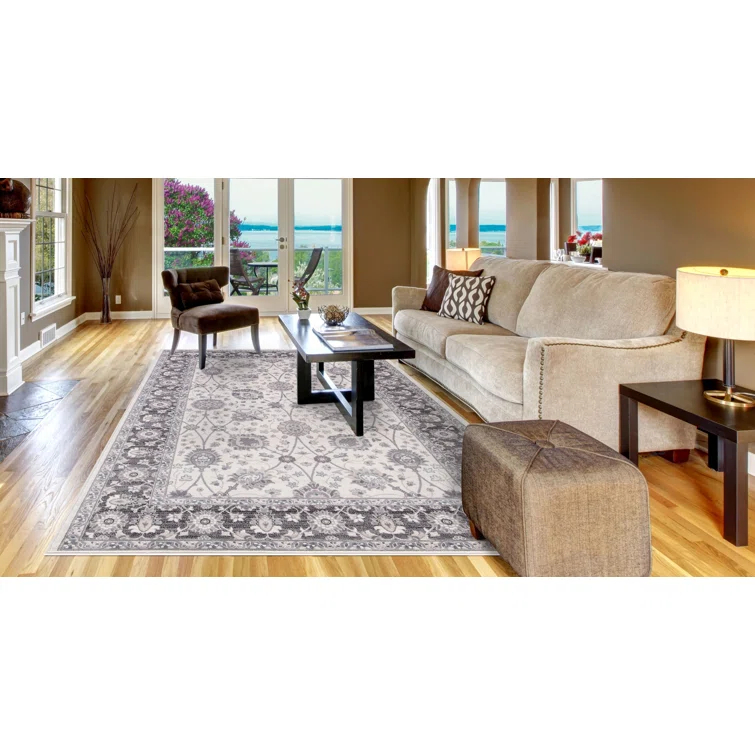 Oriental Machine Woven Area Rug in Ivory/Gray