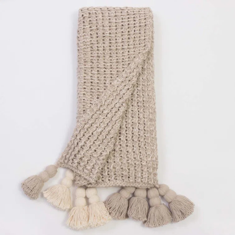 Beige Cotton Knitted Throw Blanket with Tassels
