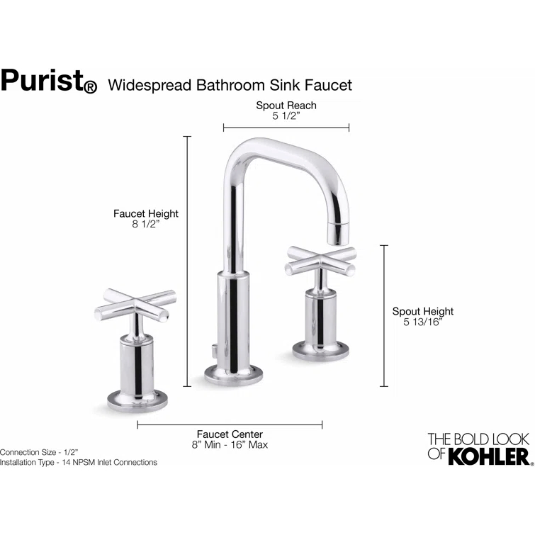 Kohler Purist® Widespread Bathroom Faucet with Pop-Up Drain Assembly, 3-Hole High Arc Cross Handle Bathroom Sink Faucet, 1.2 gpm